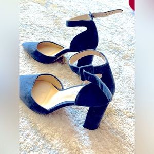 Beautiful blue suede chunky block heel ankle strap shoes!